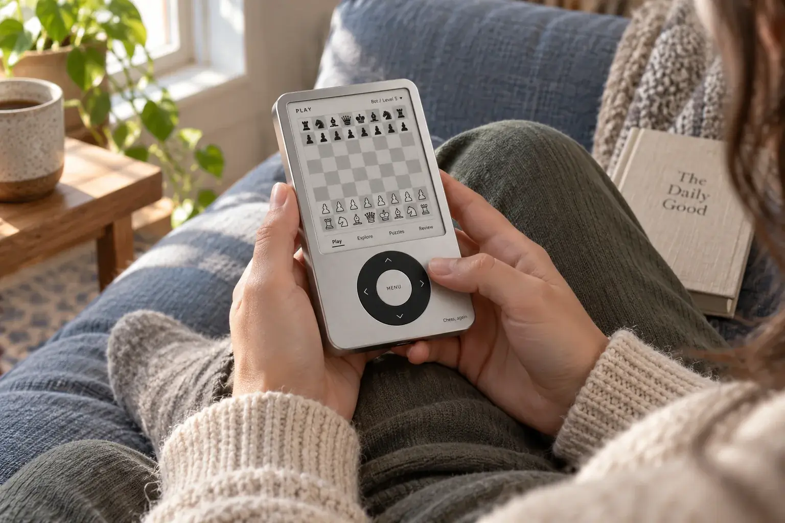 Concept render: a handheld game in a comfortable corner