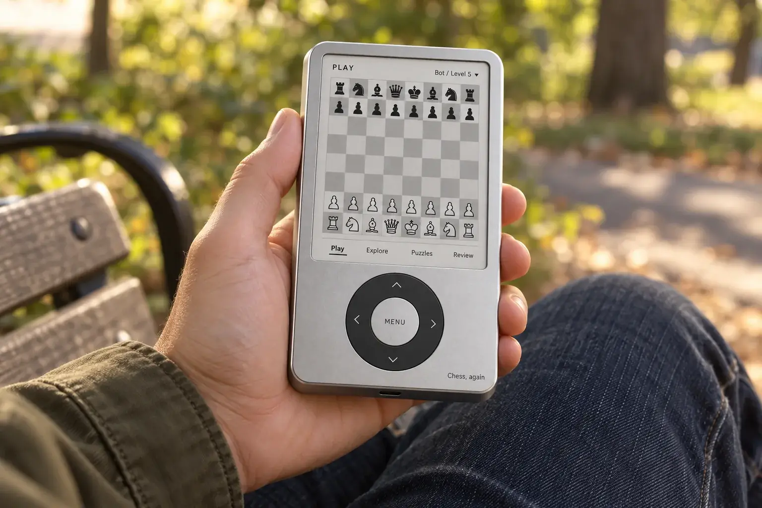 Concept render: a quiet chess moment on a park bench