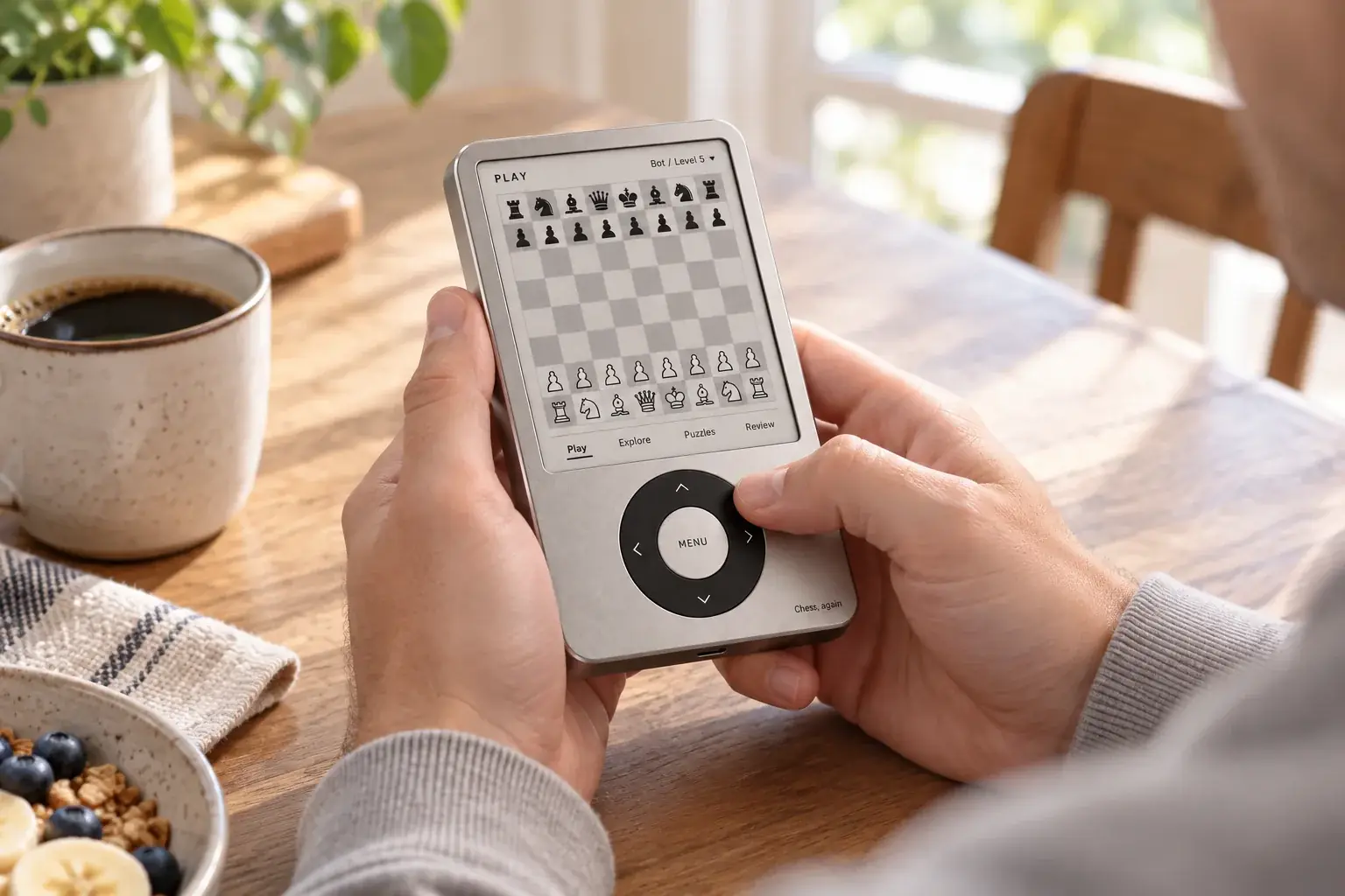 Concept render: a handheld chess game at breakfast