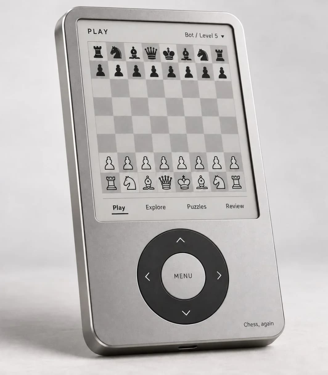 Chess, again concept: a silver handheld with monochrome chess display and circular physical controls